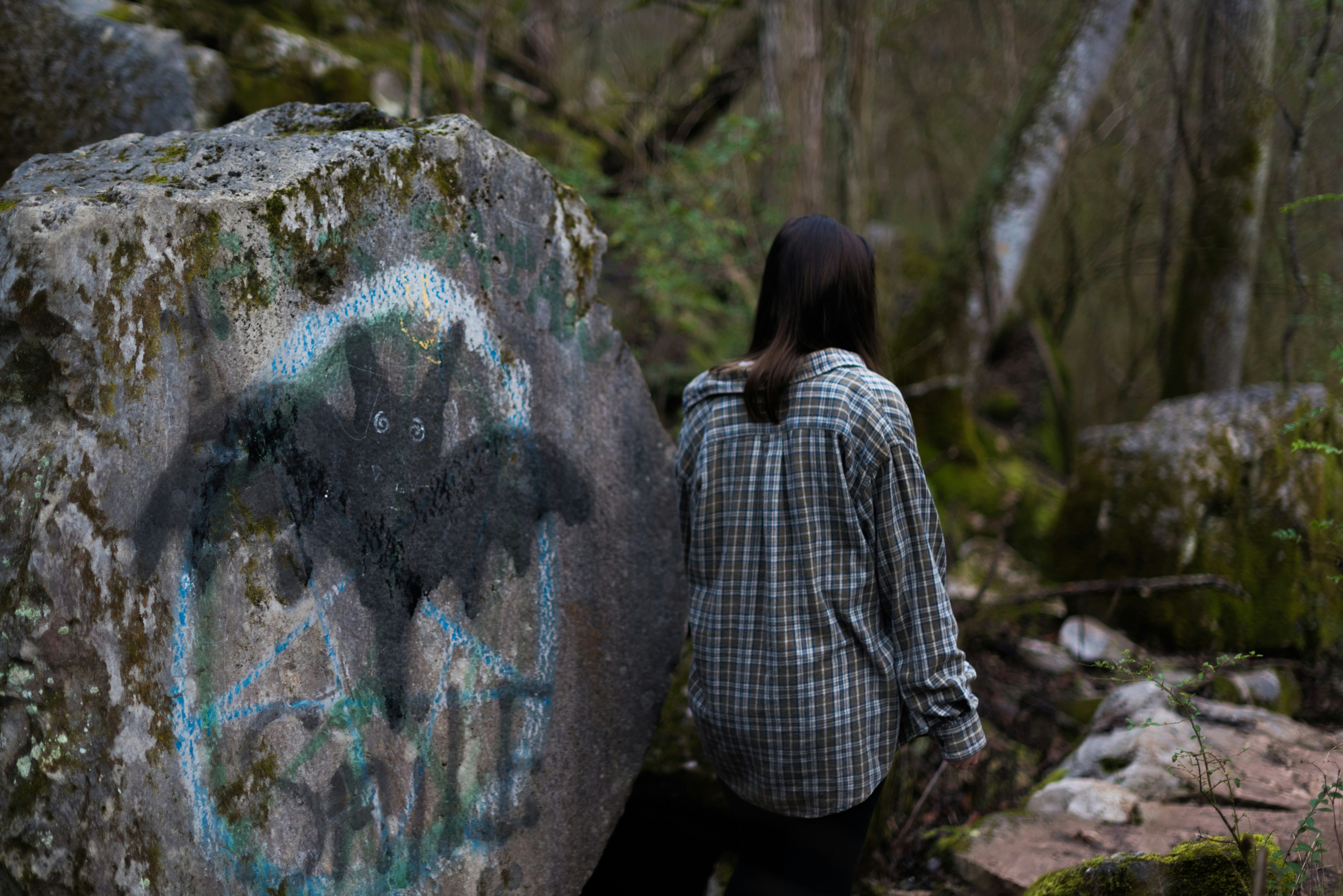 woman black and white plaid long-sleeved shirt beside grey rock